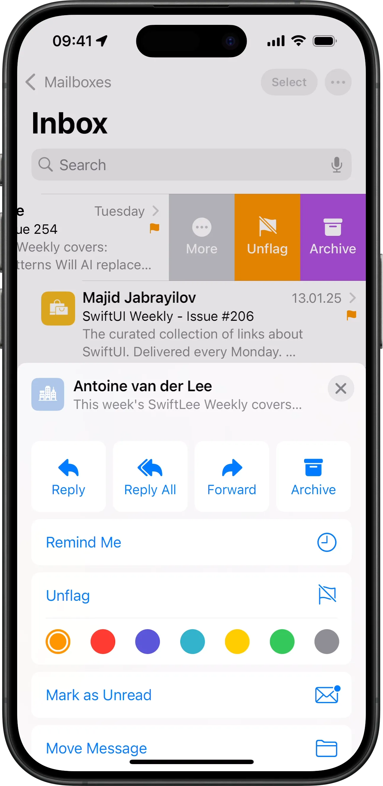 The action menu in Apple's Mail app