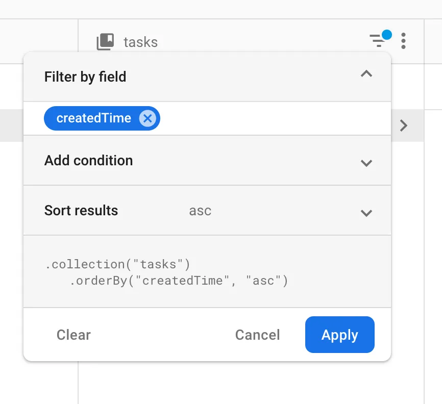 Defining filters in the Cloud Firestore Database Browser