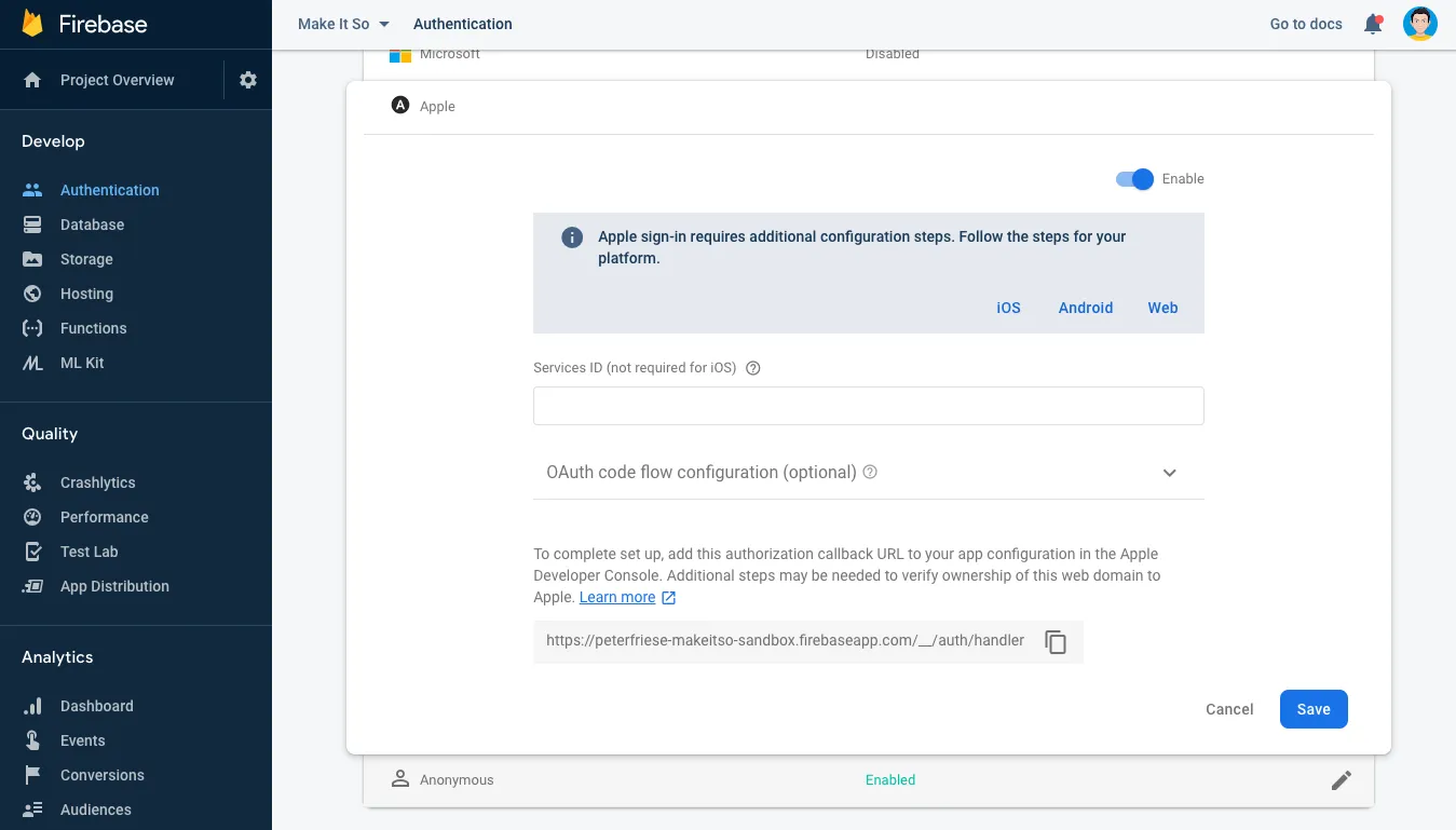 Enabling Sign in with Apple in the Firebase console